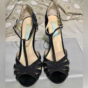 Betsey Johnson T-Strap Black Glitter Heels